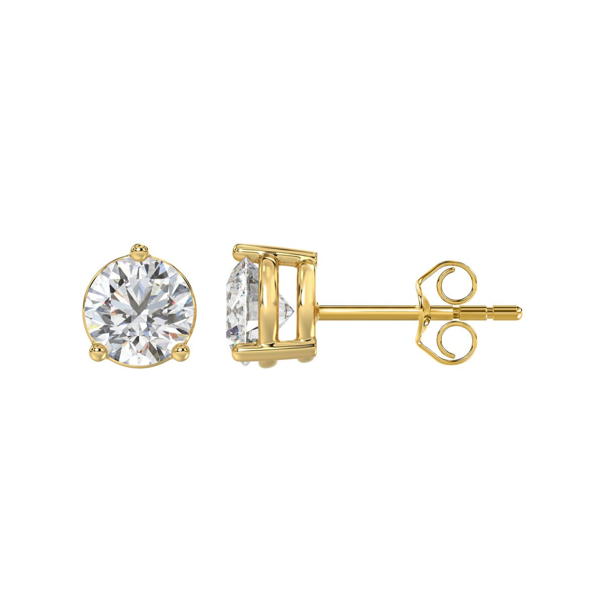 Lab Diamond 3-Prong Basket Pushback Stud Earrings - 14K Yellow Gold - 2.5ct
