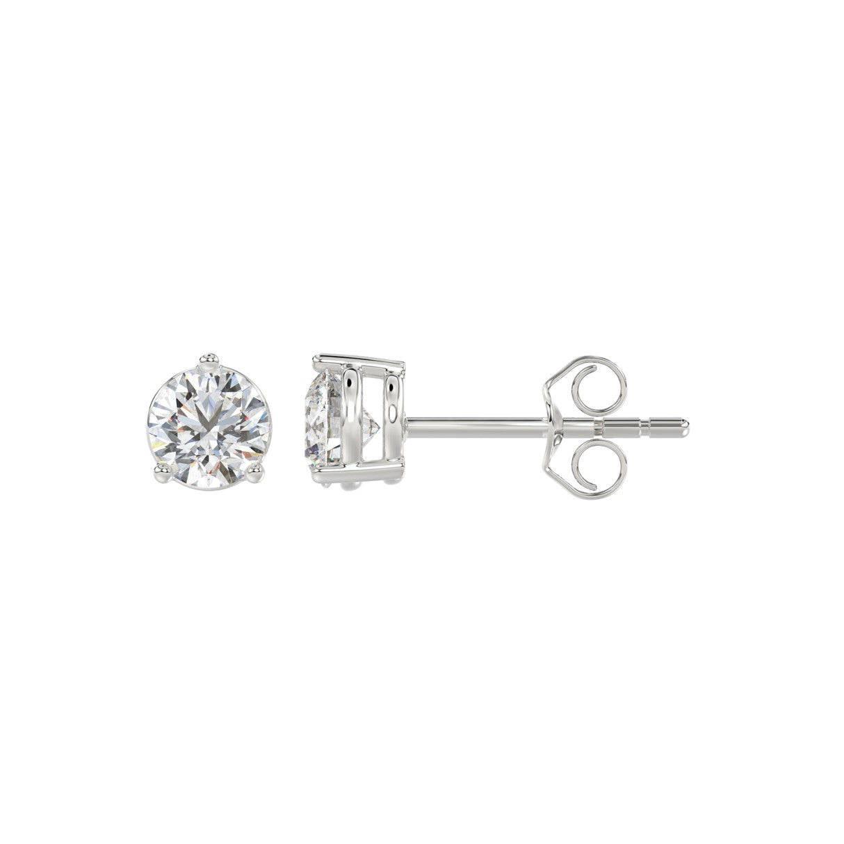 3 Prong Basket Pushback Stud Earrings - 14K White Gold - 1ct