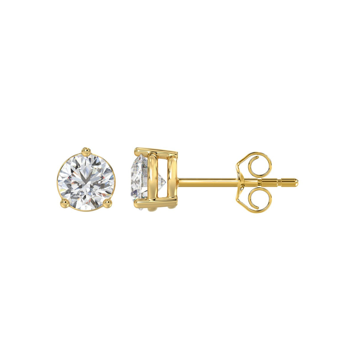 3 Prong Basket Pushback Stud Earrings - 14K Yellow Gold - 1.5ct