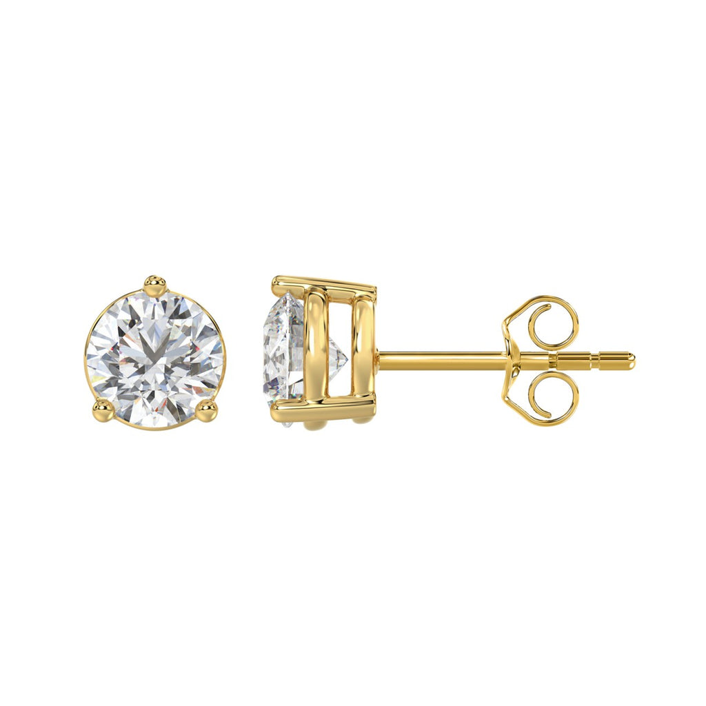 3 Prong Basket Pushback Stud Earrings - 14K Yellow Gold - 3ct