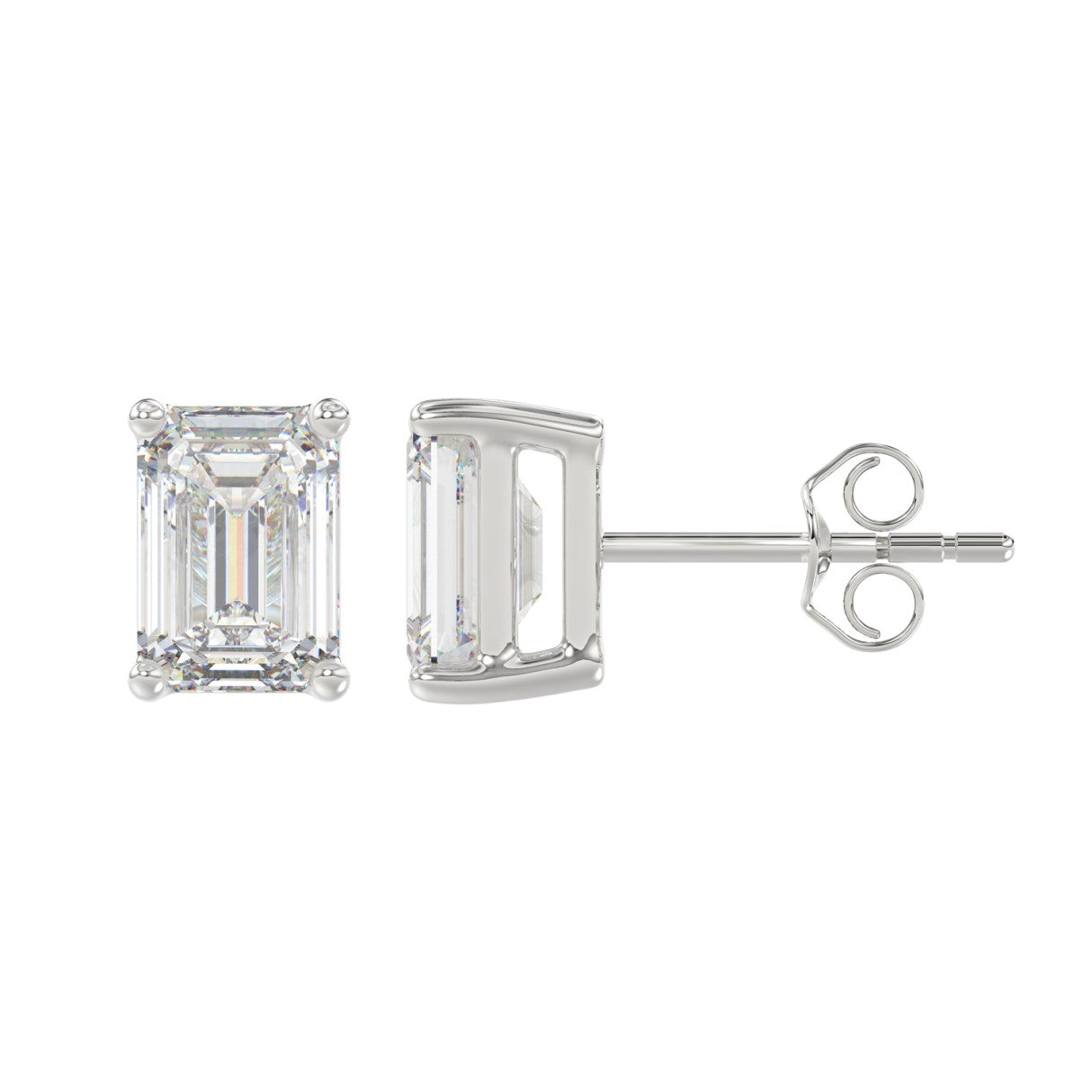 Lab Diamond 4-Prong Emerald Cut Stud Earring 14K White Gold - 14K White Gold - 4ct