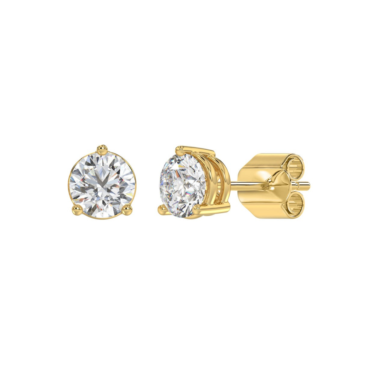 Lab Diamond 3-Prong Basket Pushback Stud Earrings - 14K Yellow Gold - 2.5ct