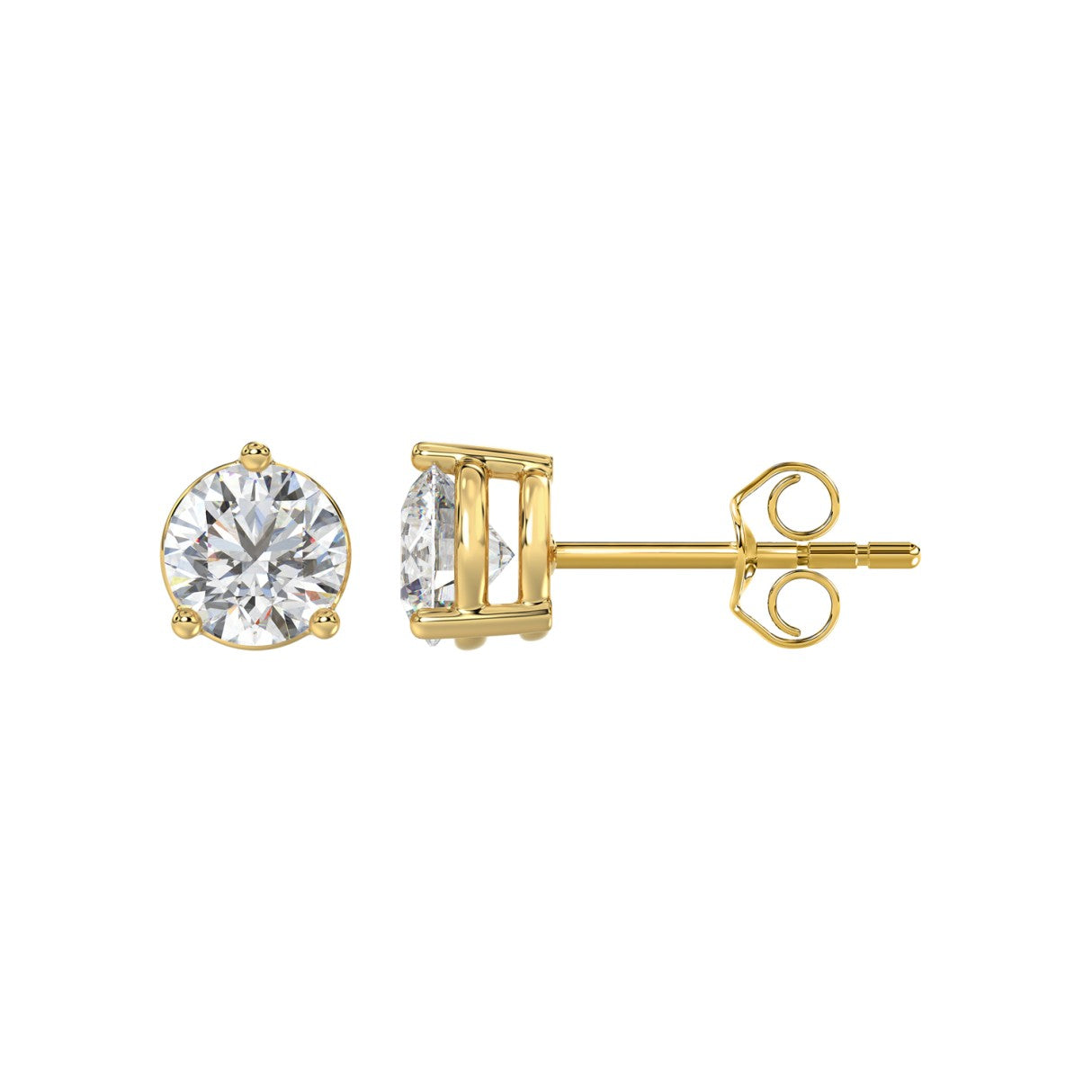 3 Prong Basket Pushback Stud Earrings - 14K Yellow Gold - 2ct