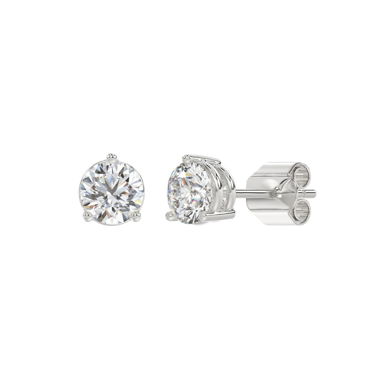 3 Prong Basket Pushback Stud Earrings - 14K White Gold - 2ct