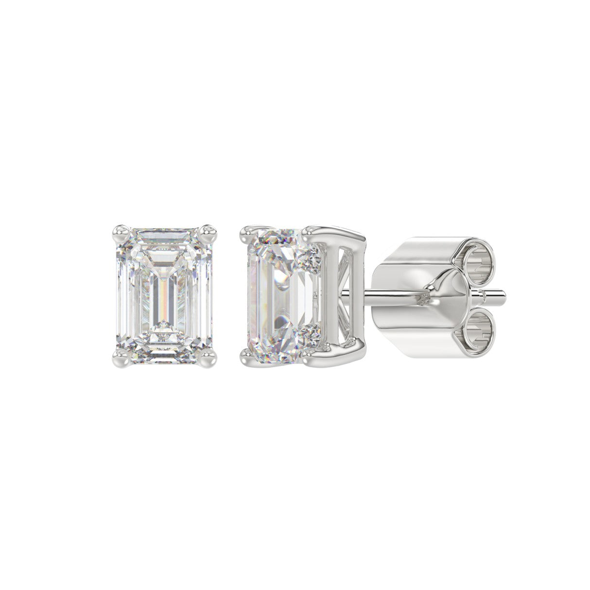 Lab Diamond 4-Prong Emerald Cut Stud Earring 14K White Gold - 14K White Gold - 2ct
