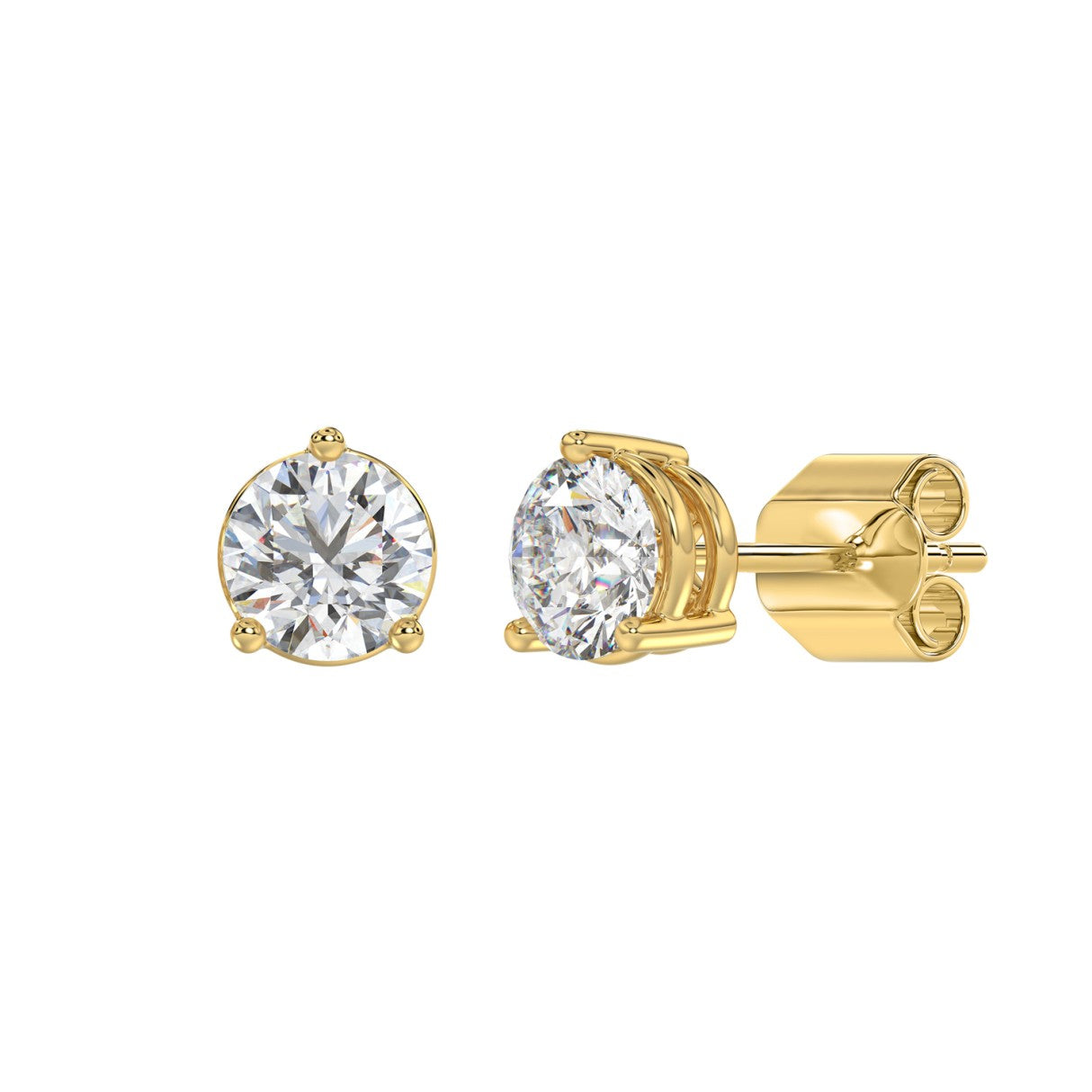 3 Prong Basket Pushback Stud Earrings - 14K Yellow Gold - 3ct