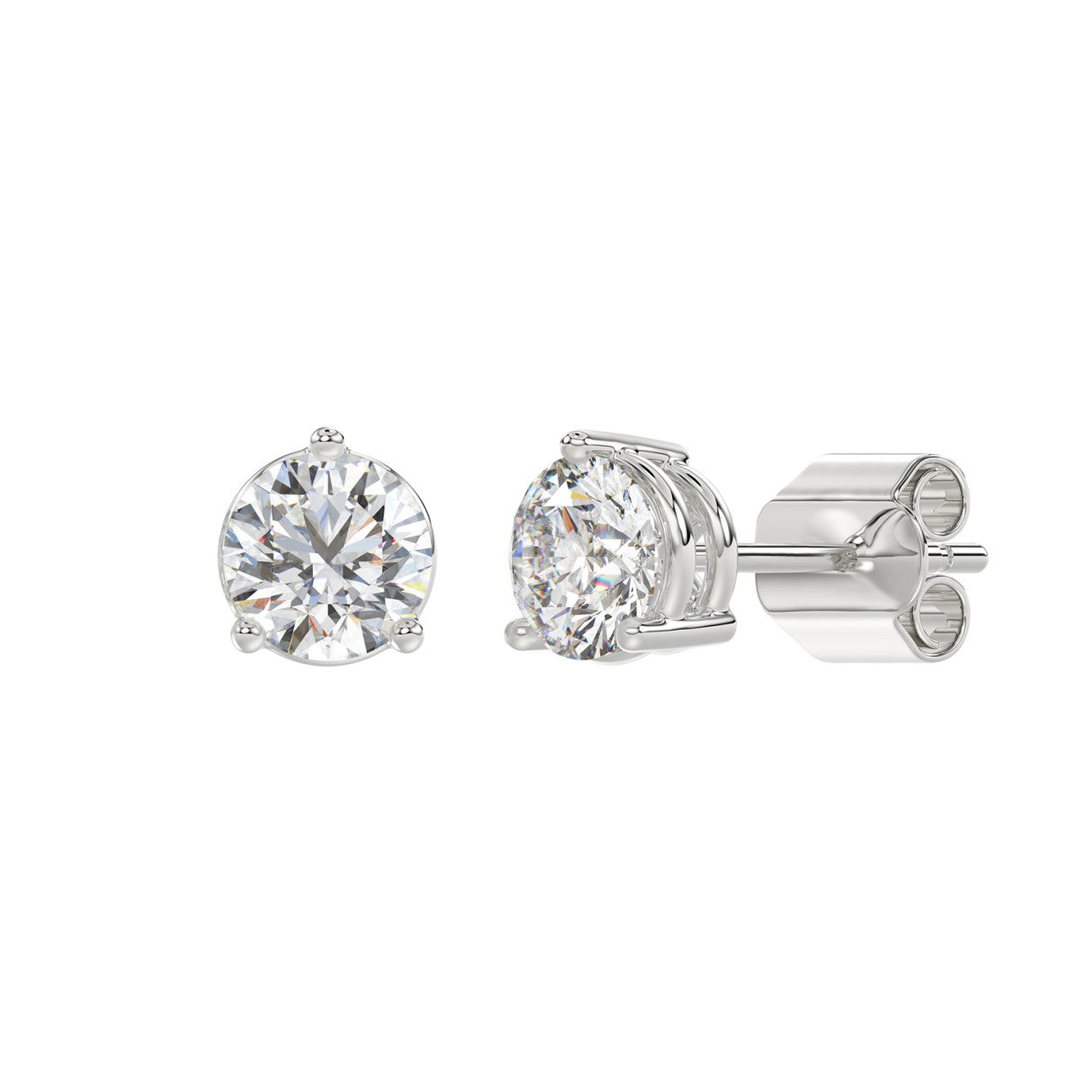 3 Prong Basket Pushback Stud Earrings - 14K White Gold - 3ct