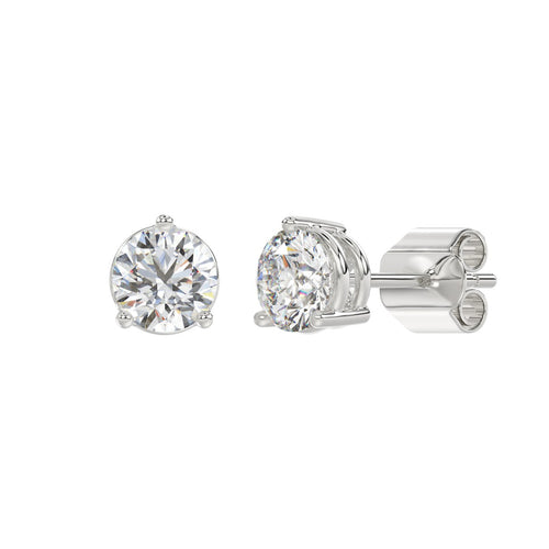 3 Prong Basket Pushback Stud Earrings - 14K White Gold - 3ct