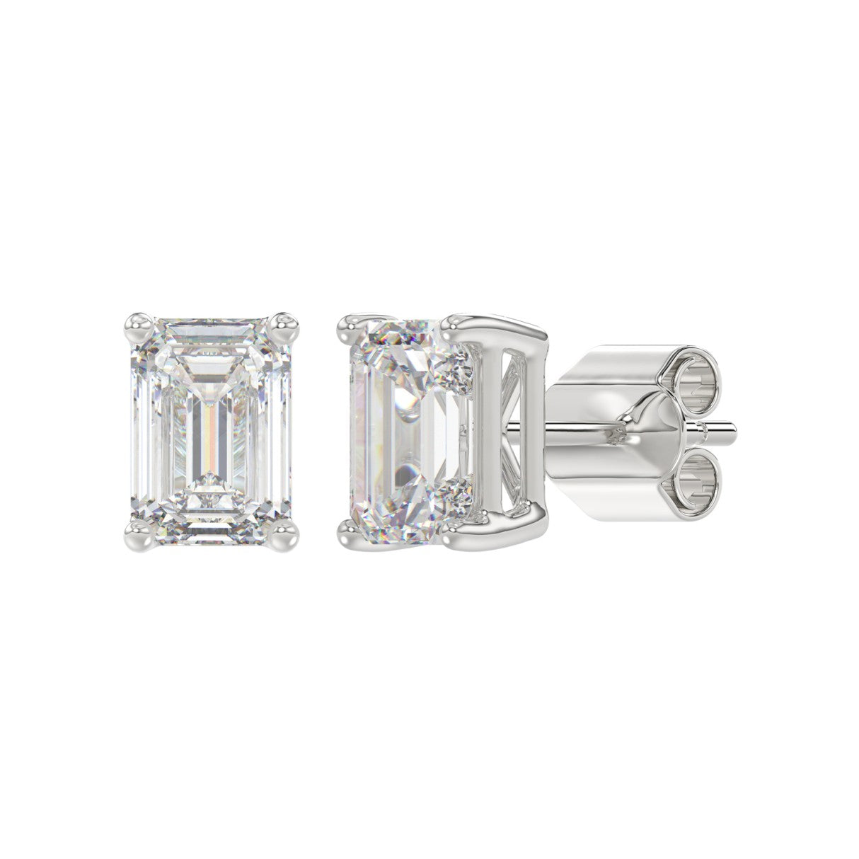 Lab Diamond 4-Prong Emerald Cut Stud Earring 14K White Gold - 14K White Gold - 4ct