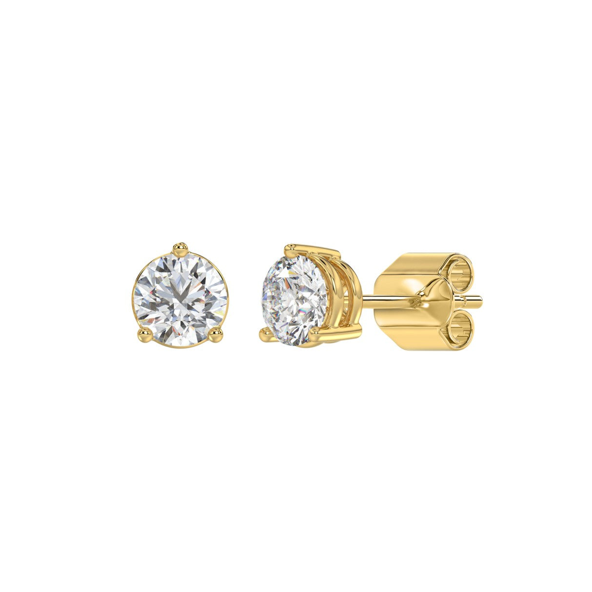 3 Prong Basket Pushback Stud Earrings - 14K Yellow Gold - 1.5ct
