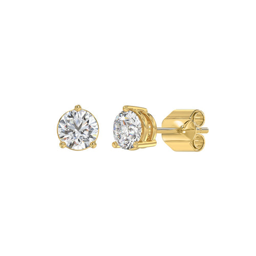 3 Prong Basket Pushback Stud Earrings - 14K Yellow Gold - 1.5ct