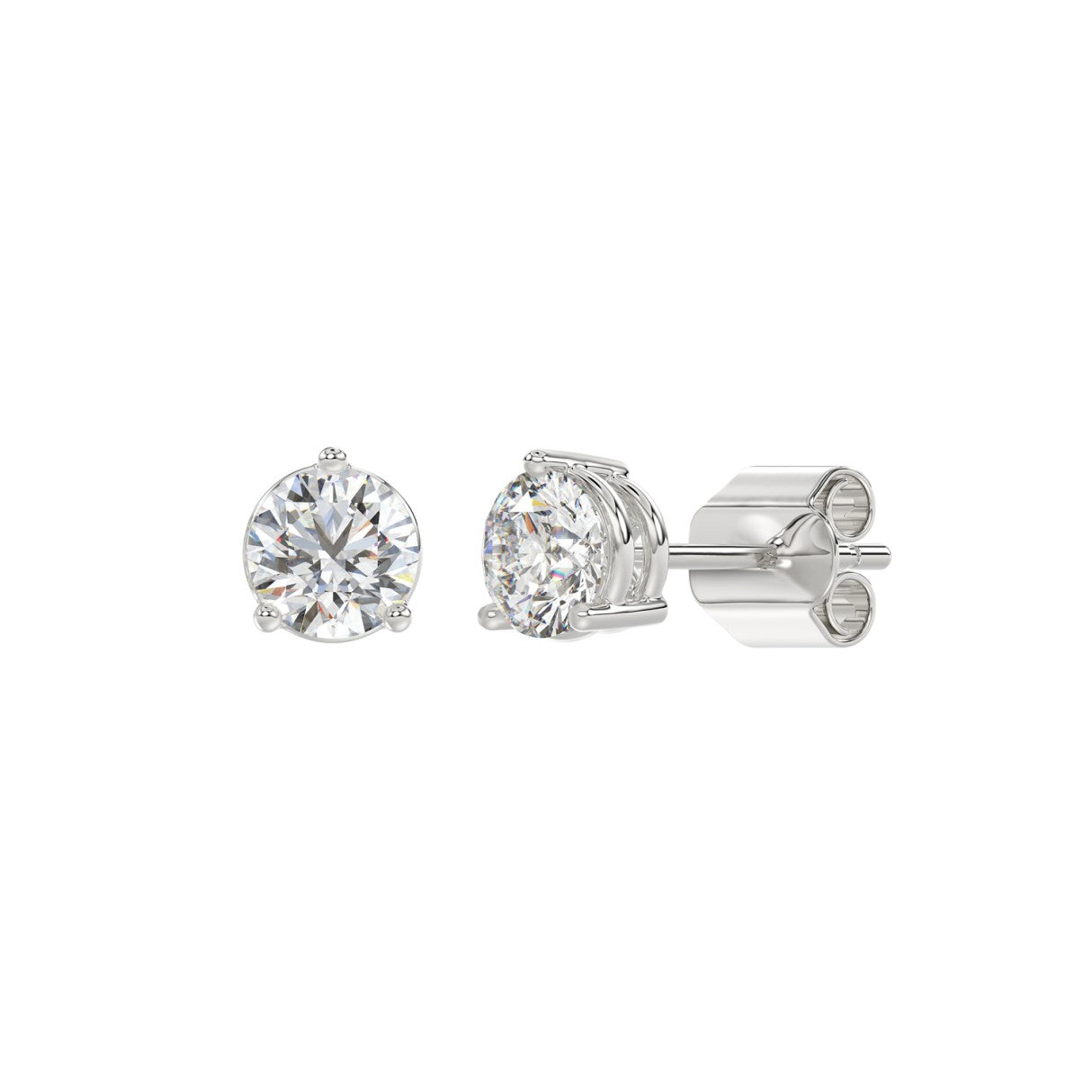 3 Prong Basket Pushback Stud Earrings - 14K White Gold - 1.5ct